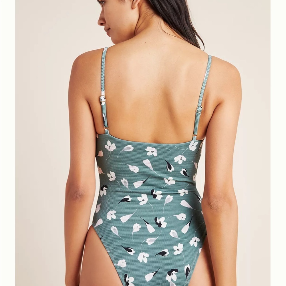 Anthropologie Teal Floral One-Piece Swimsuit